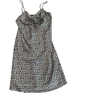 Bebe Satin  Black White Floral Cowl Neck Spaghetti Straps Slip Midi‎ Dress XL